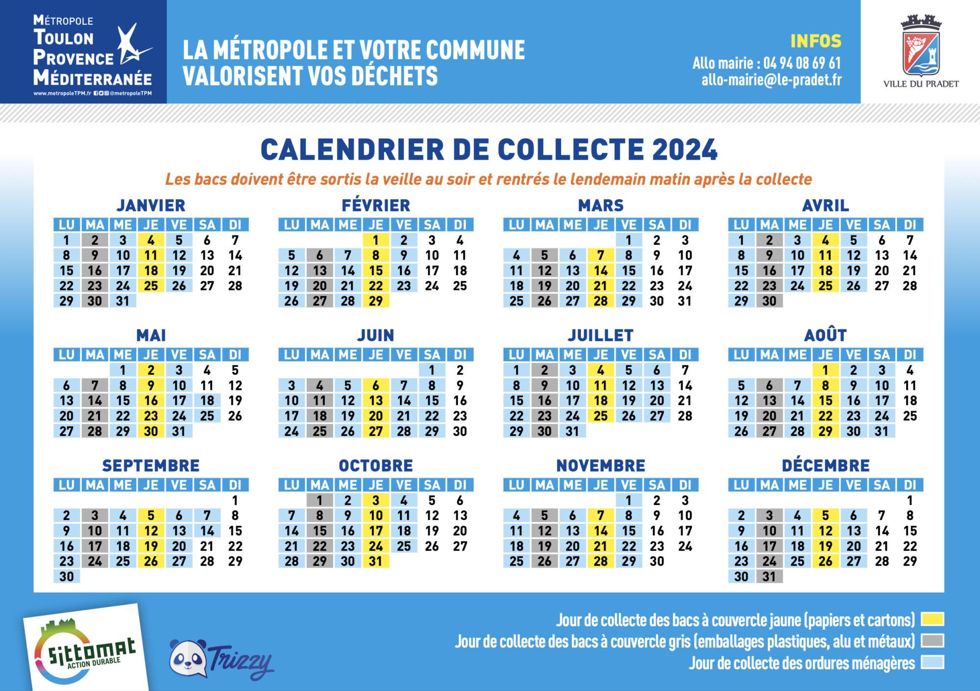 Calendrier de collecte des ordures ménagères 2024 – Ville du Pradet